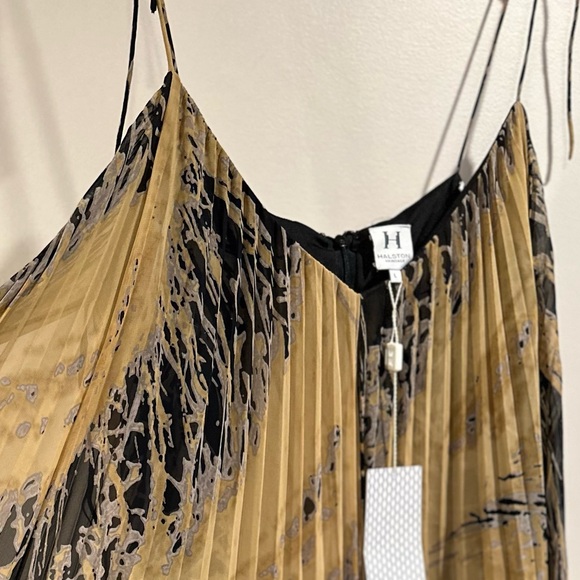 Halston Heritage Starburst Black & Gold Pleated Mini Dress Ajustable Straps L - Picture 3 of 17